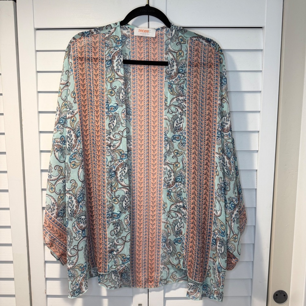 Renee‎ C Womens Paisley Kimono Cardigan Turquoise Peach Open Front L Boho USA